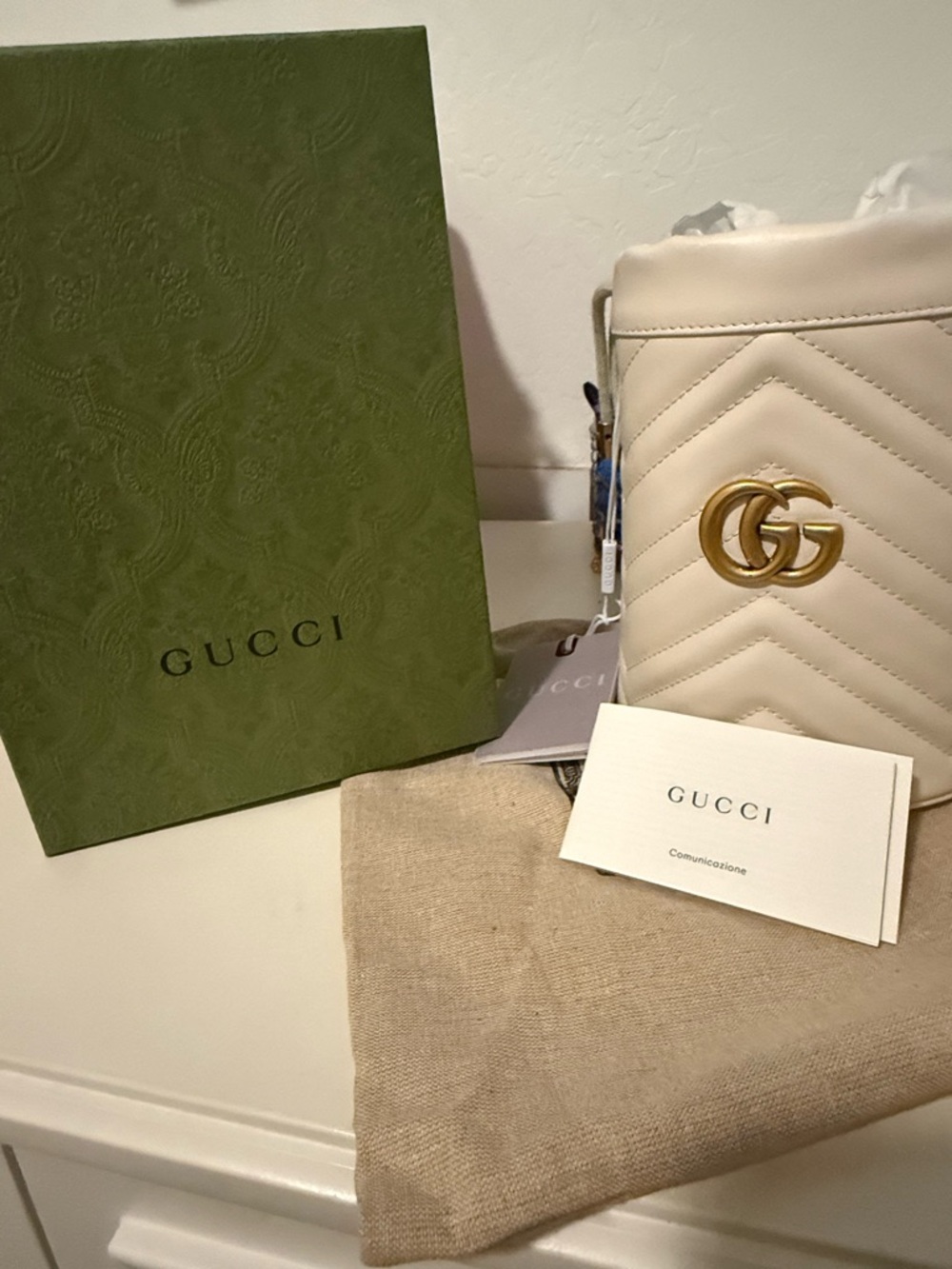 Gucci Cream Chevron Quilted Mini Shoulder Bag with Gold Double G new with tags
